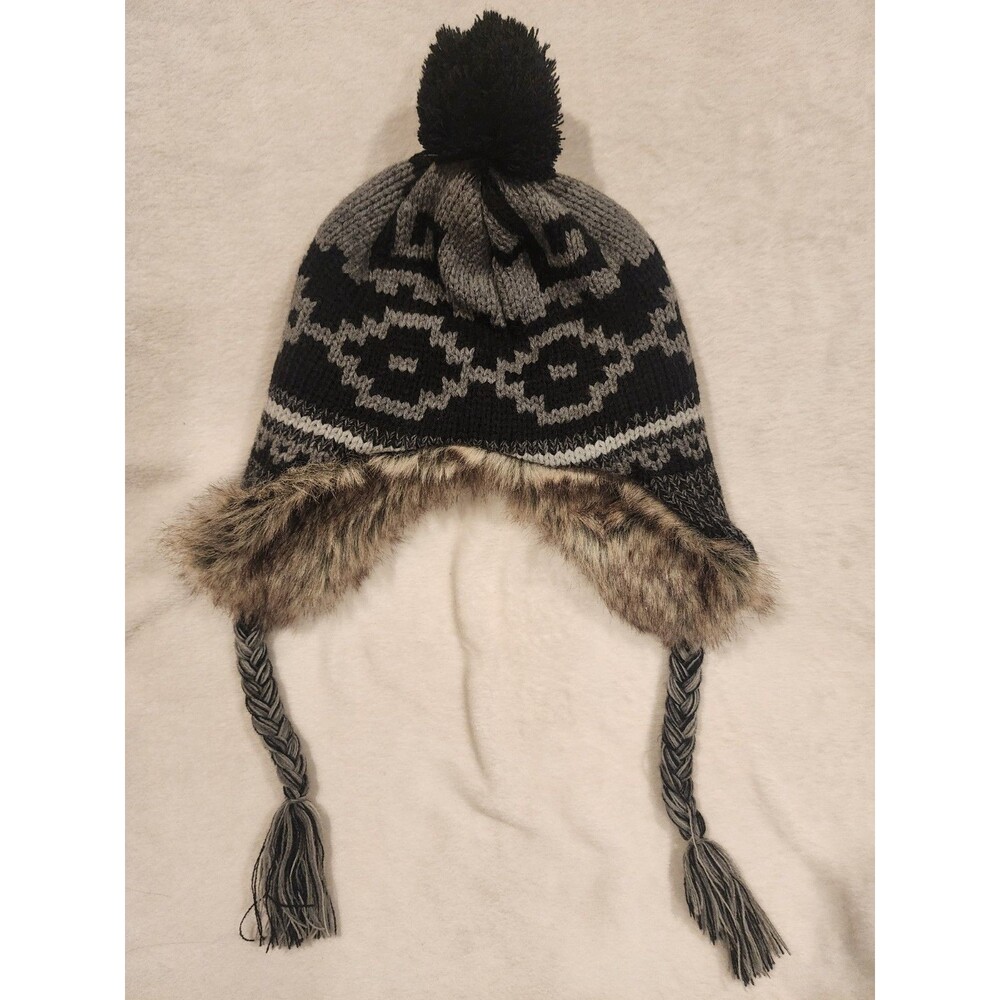 Fox Outdoor Trapper Hat Knit Faux Fur Lined Ties Black Gray Brown Fur Small Fit